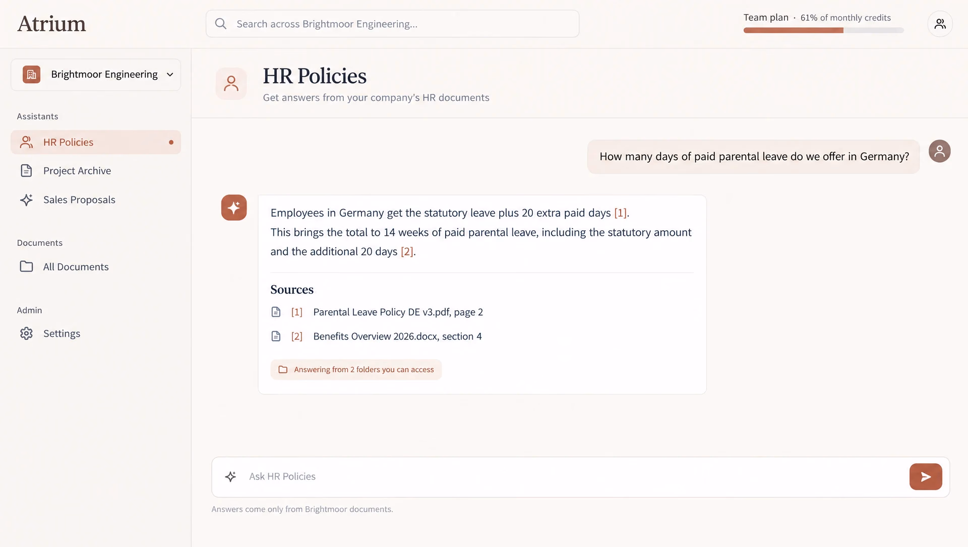An Atrium assistant answering from company documents with citations.