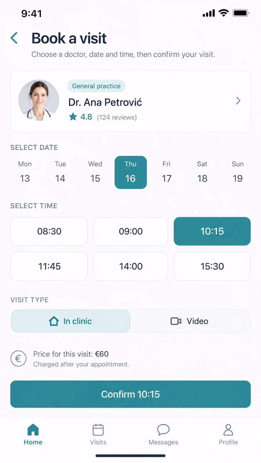 The patient app booking screen: a doctor card, a week date picker, a grid of time slots with 10:15 selected and a Confirm button.