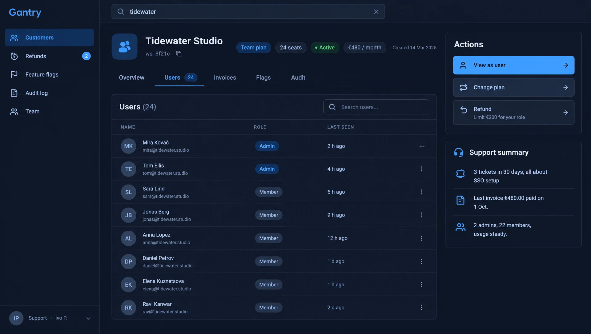 The Gantry customer page with users, plan and actions.