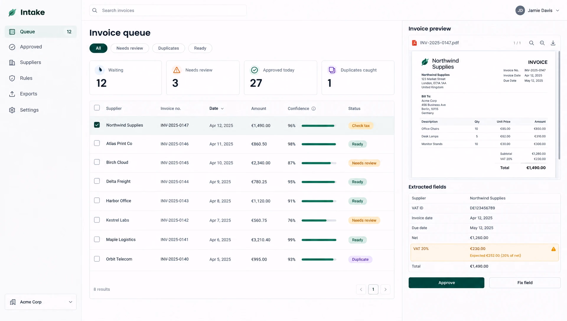 The Intake invoice queue with a PDF preview and extracted fields.