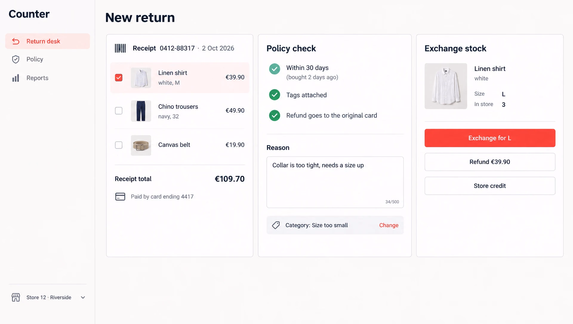 The Counter return desk with a scanned receipt and a policy check.
