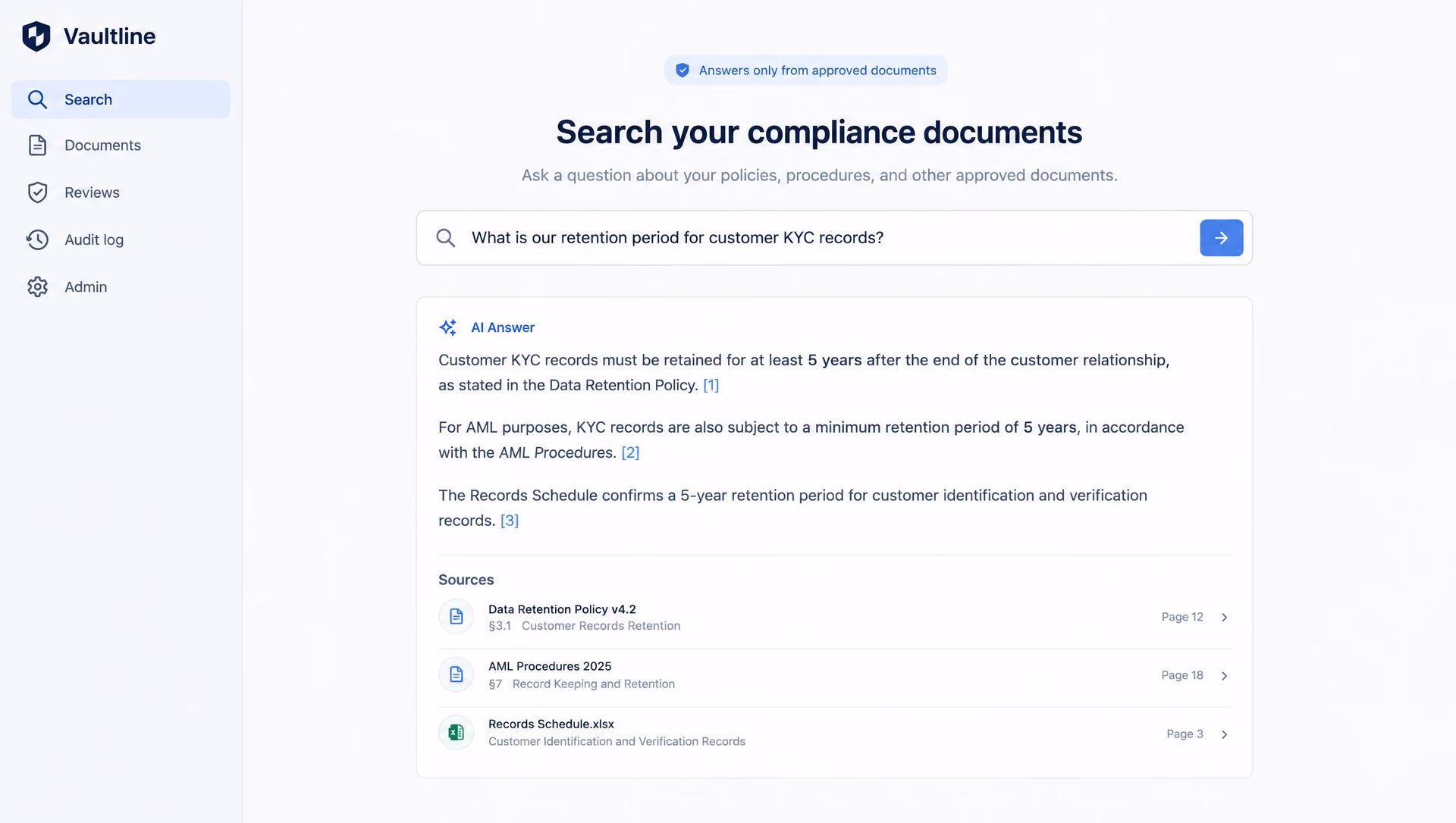 The Vaultline search page with a cited answer.