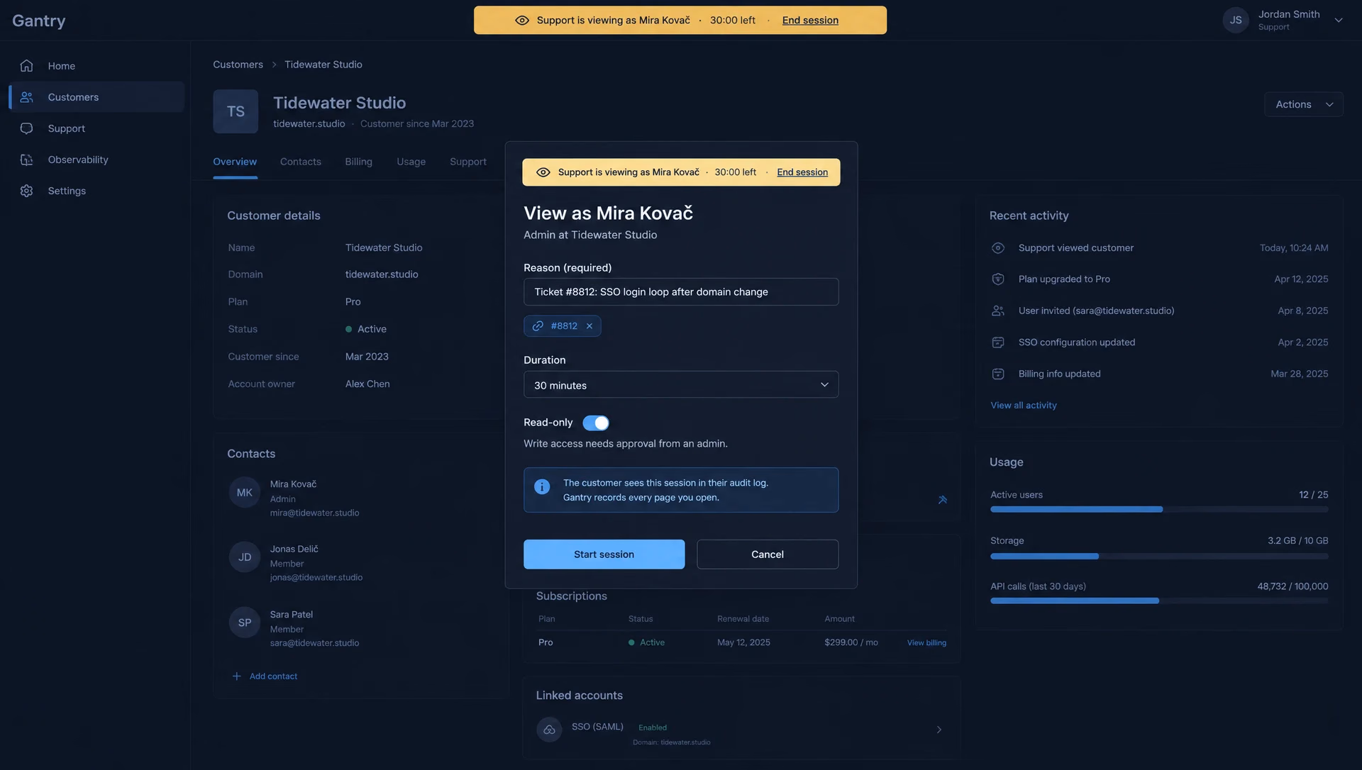 A dialog to view the product as a named admin user: a required reason field linked to a support ticket, a 30-minute duration, a read-only switch that is on, a note that write access needs admin approval and that the customer sees the session in their audit log.