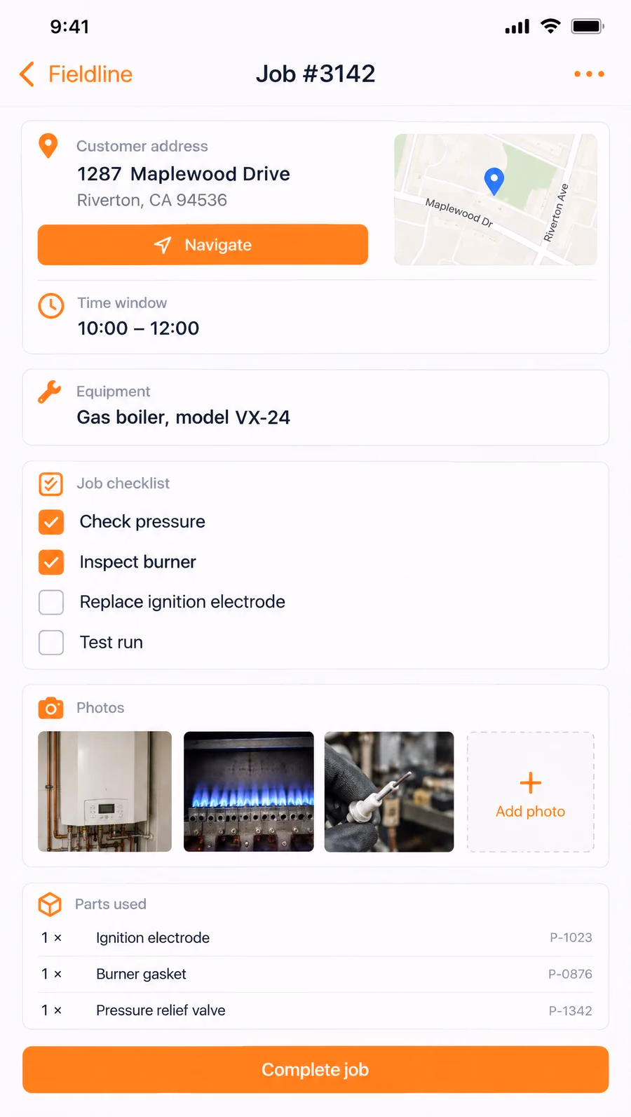 The technician app job screen: address with a Navigate button, time window, equipment, a checklist with two items done, photo thumbnails and a Complete job button.