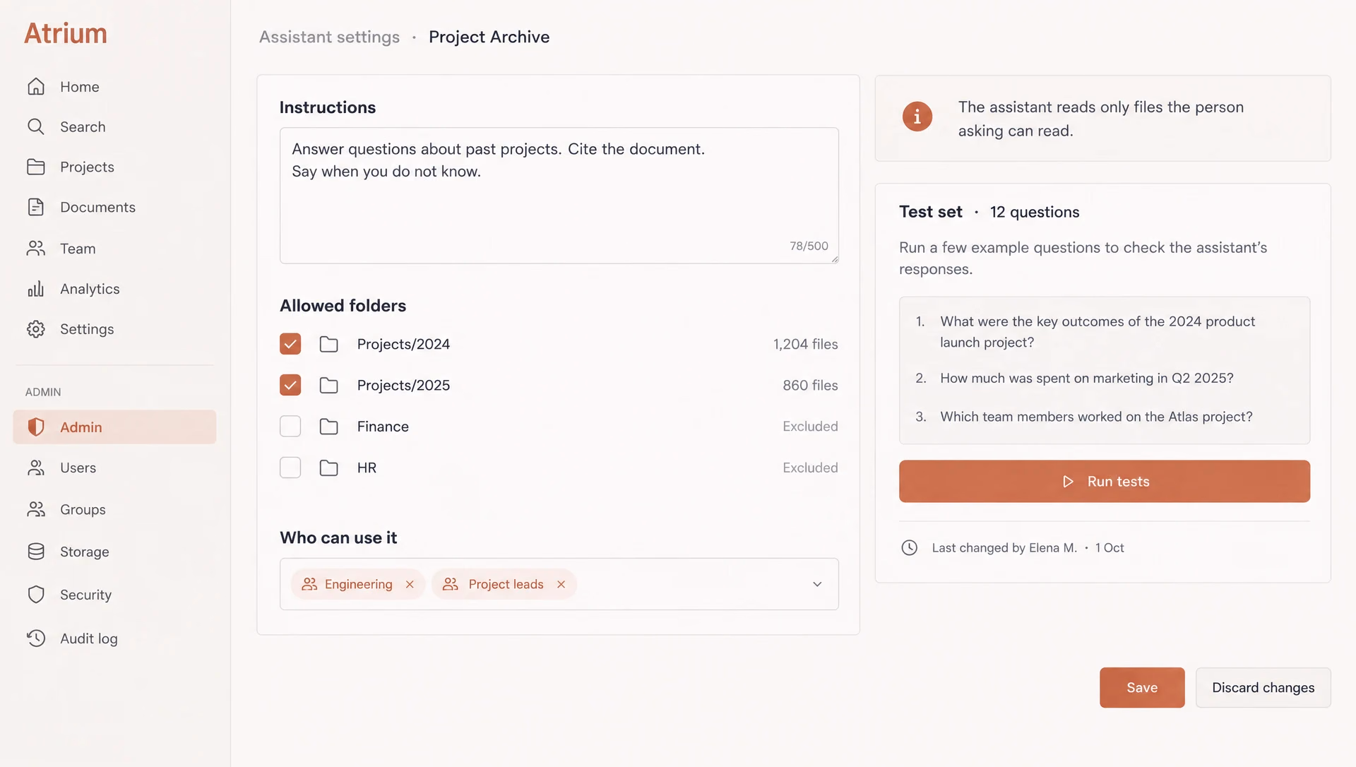 Assistant settings for a project archive assistant: an instructions box, a folder tree with two project folders allowed and a finance folder excluded, the groups who may use it, a note that the assistant reads only files the asking person can read, and a test set card with a Run tests button.