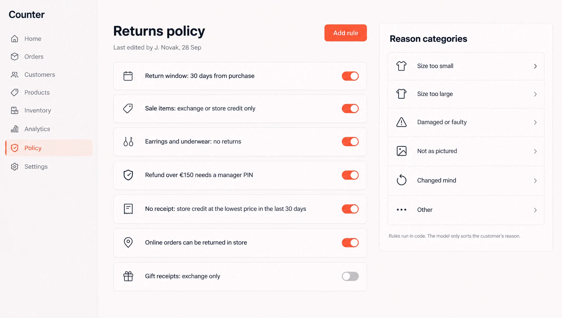 The policy rules page: six rules with switches, such as a 30-day window and no returns on earrings, and a side card listing six reason categories with a note that rules run in code.