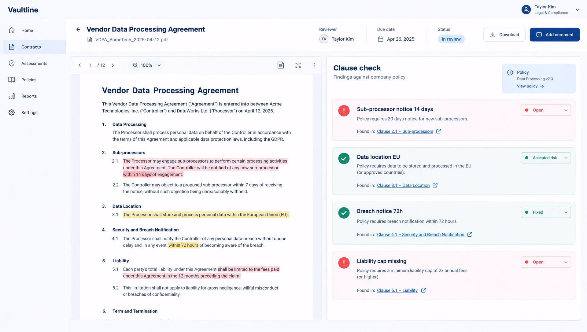 The contract review screen: a contract page with highlighted clauses on the left, and a clause check panel on the right listing findings against policy with red and green status and a status menu each.