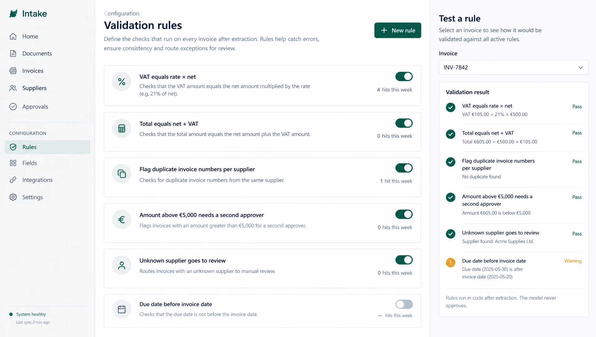 The validation rules page: rule cards with on and off switches, and a test panel that runs every rule on one invoice.