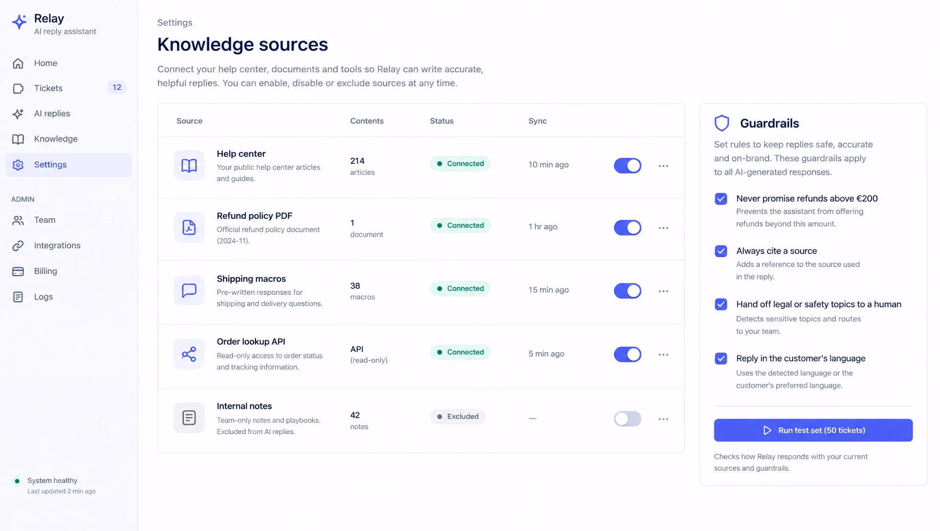 The knowledge sources settings: a table of connected sources with sync status and switches, and a guardrails card with four rules.