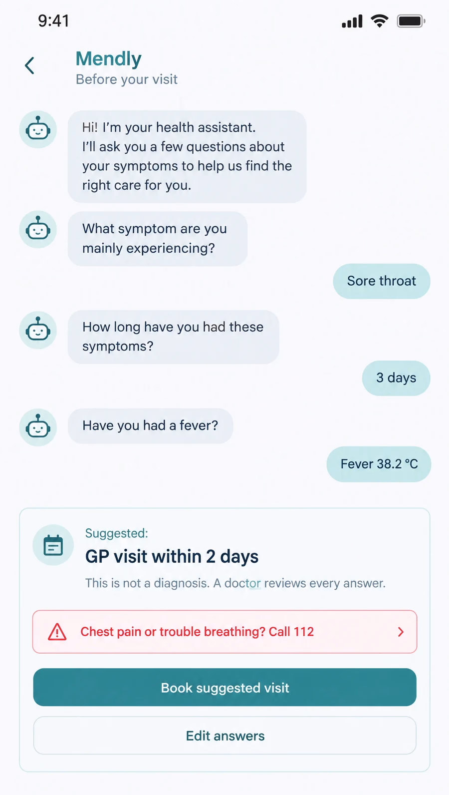 The symptom check: chat bubbles with answer chips, a summary card that suggests a GP visit within two days, a note that this is not a diagnosis, and an emergency number link.