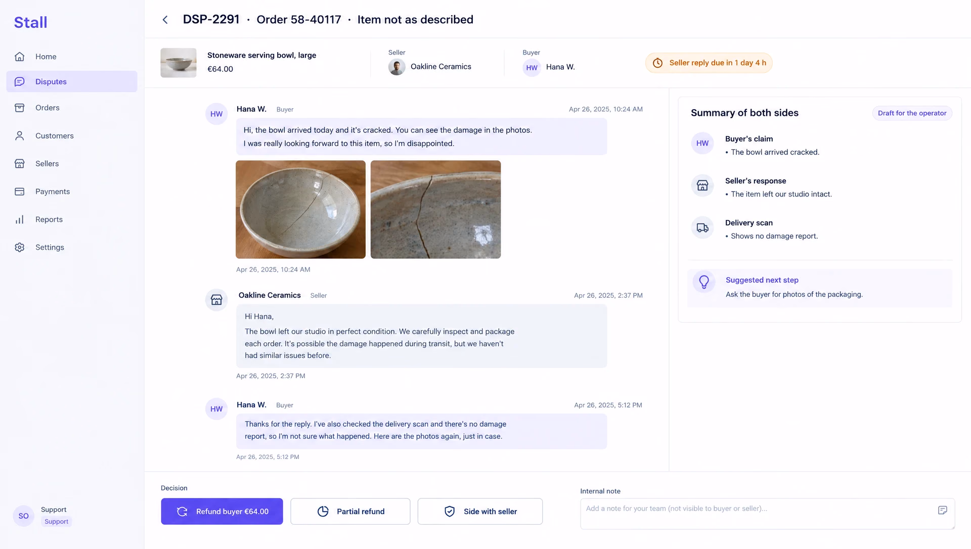 A dispute page for an item not as described: a message thread between buyer and seller with photos, a reply deadline, a model summary of both sides marked as a draft for the operator, and Refund buyer, Partial refund and Side with seller buttons.