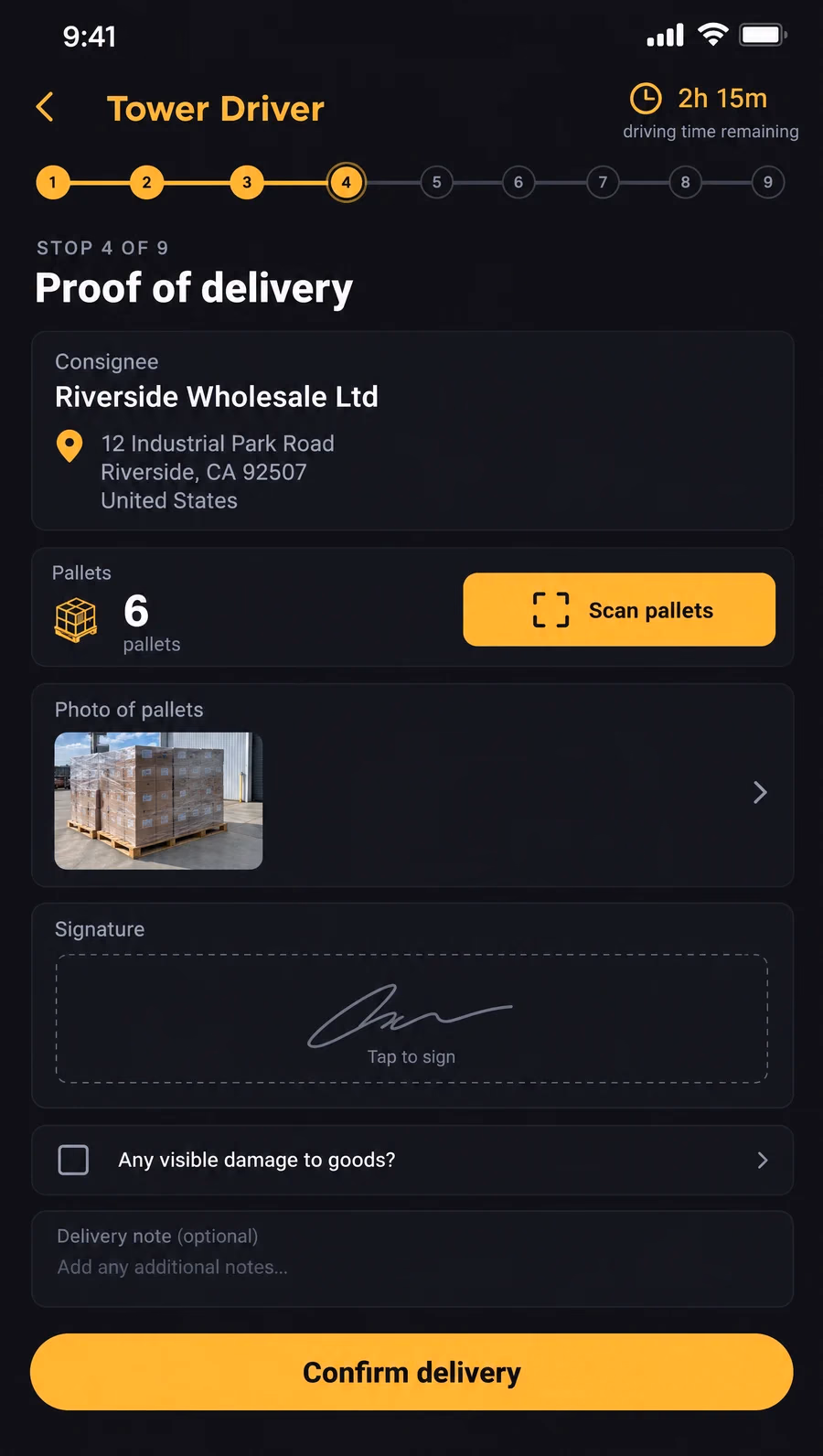 A dark driver app screen for proof of delivery: stop four of nine, consignee address, pallet count with a scan button, a photo, a signature field and a Confirm delivery button.