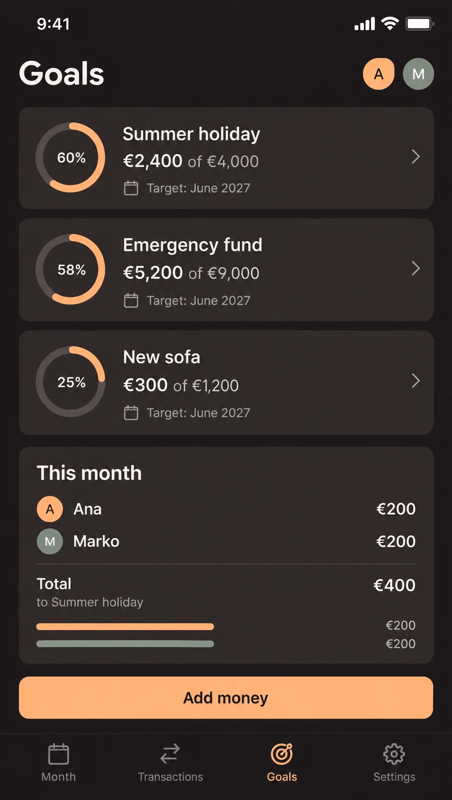 The goals screen on a phone: three shared goals with progress rings for a summer holiday, an emergency fund and a new sofa, this month's contributions from each partner, an Add money button and a bottom tab bar.