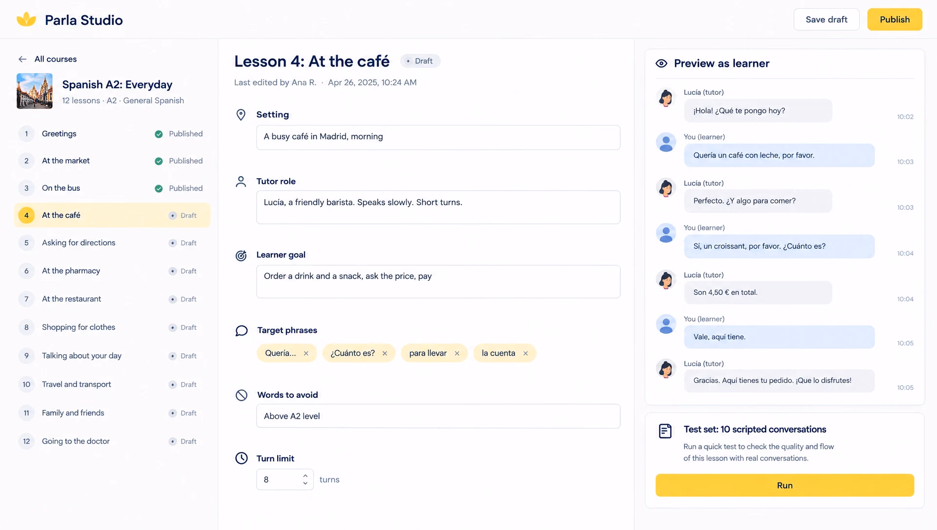 The Parla Studio lesson editor with a learner preview.